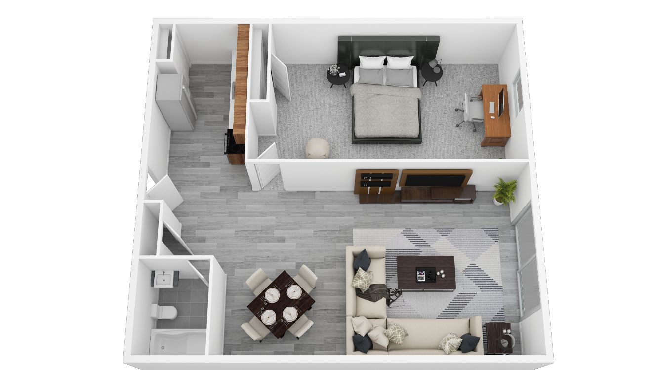 Floor plan for 1 bed, 1 bath, 750 sqft